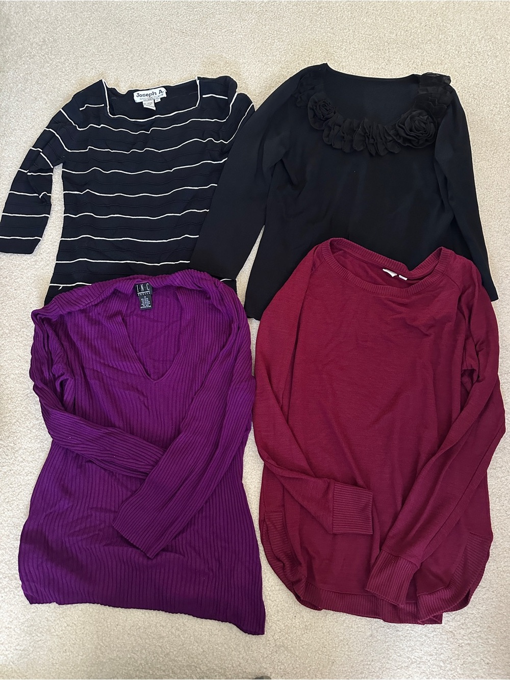 Women's Sweater Bundle - Black, Purple, Burgundy, Black/White Striped; 4/$25